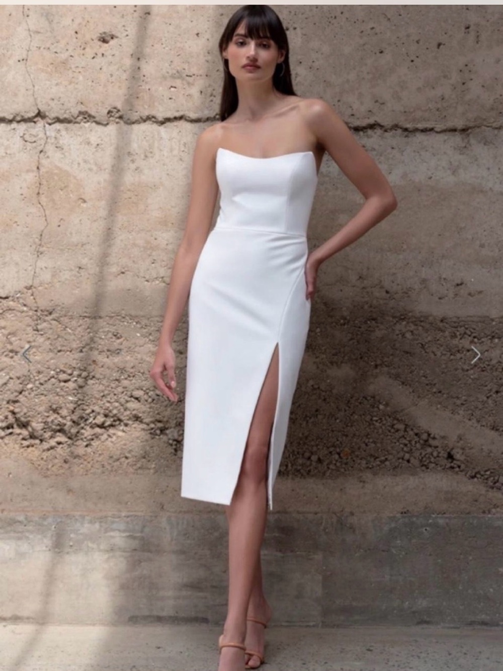 Jenny Yoo Strapless White Midi Dress with Side Slit